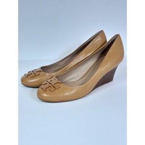 Tory Burch Brown Tan Leather Raleigh Round Toe Wedge Pumps US 8.5